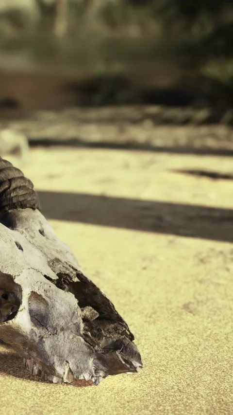 Crocodile skull found on sandy ground during a sunny day in the wild Stock Footage 331756033