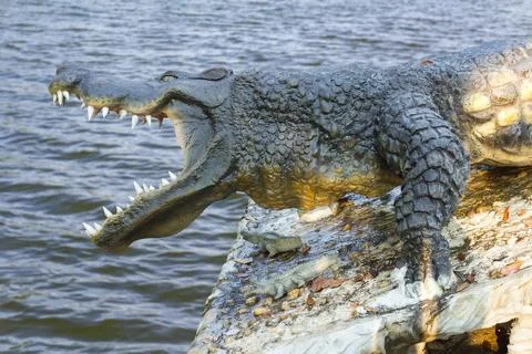 Crocodile statue water waves. 库存照片