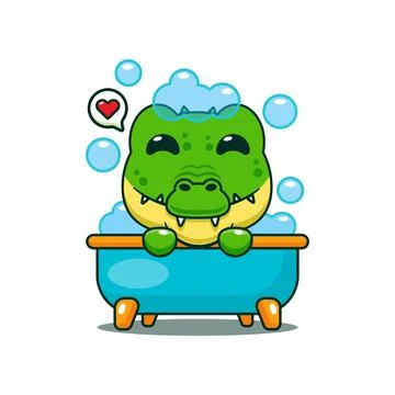 Crocodile taking bubble bath in bathtub cartoon vector illustration Stock Illustration