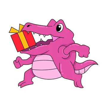 Crocodile is walking biting a gift, doodle icon image kawaii Stock Illustration