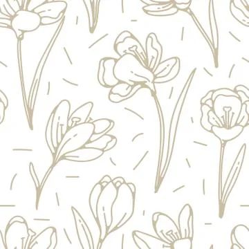 Crocus flower golden seamless pattern spring primroses outline sketch on white Stock Illustration
