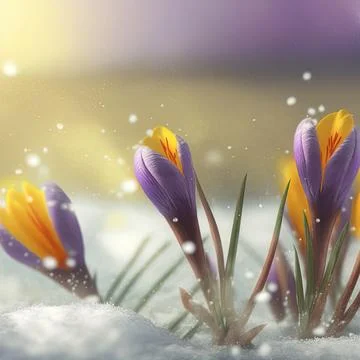 Crocus in the snow, spring yellow flower on blur background. Beautifull early Stock Illustration