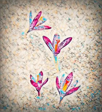 Crocuses, purple spring flowers. Computer painting effect. Stock Illustration