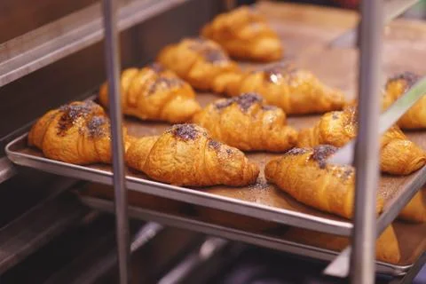 Croissant on the baking sheet Stock Photos