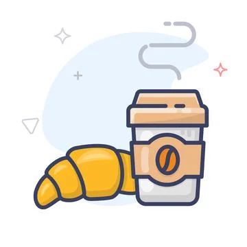 Croissant with coffee cup vector line icon. Breakfast outline illustration. Illustrazione stock