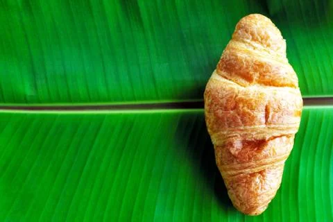 The croissant cut in the middle for stuffing placed on a bright green banana  Stock Photos