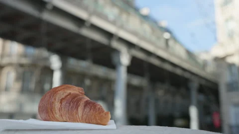 Croissant in Foreground with Train Passing on Bridge in Paris France Stock Footage 324474114