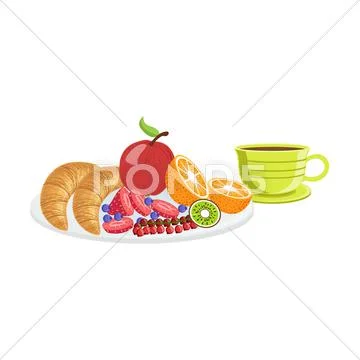 Croissant, Fruit And Coffee Breakfast Food Drink Set