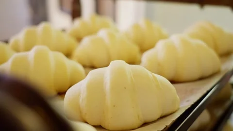 Croissants formed from dough close-up. Stock Footage 313532632