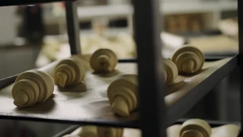 The croissants lies on baking sheets to allow the dough to rise before baking. Stock Footage 267016704