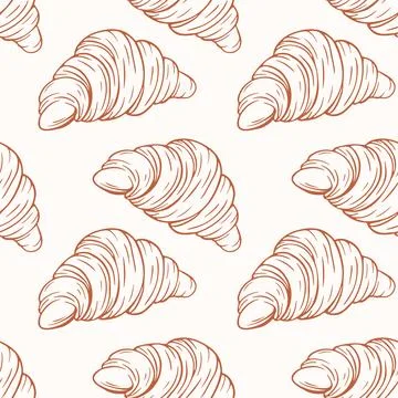 Croissants seamless pattern in line art style. Bakery pastry illustration Stock Illustration