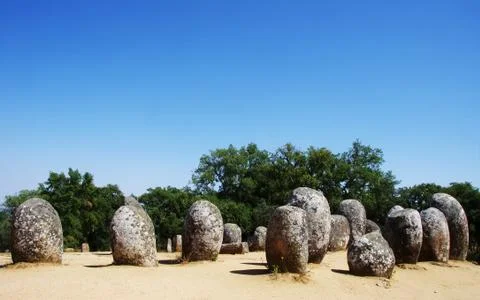 Cromlech of the Almendres megalithic complex , located near Evora, Portugal Stock Photos
