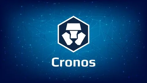 Cronos CRO token symbol on dark blue polygonal background. Crypto.com Stock Illustration