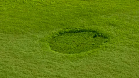 Crop circle mystery emerging within lush green meadow. Aerial countryside Stock Footage 337416330
