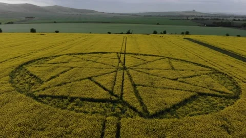 Crop Circle in Yellow field, White Horse on Hill in Wiltshire 4K Drone Clip, Stock Footage 155565748