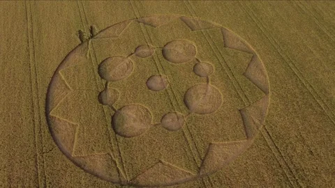 Crop circles found on a farm field near Winchester City, England - Aerial Video stock 157092997