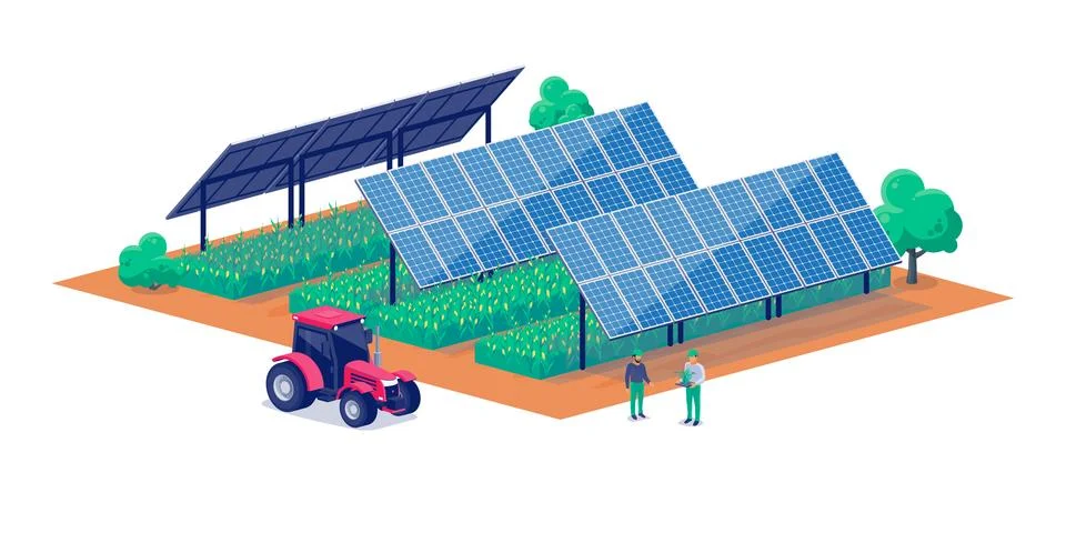 Crop farmland using agrivoltaics tracker solar panel system. Stock Illustration