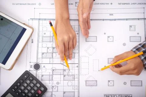 Crop hands working on draft Foto stock
