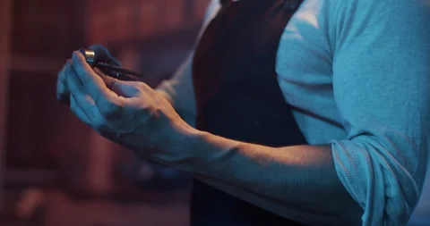 Crop male master using calipers while measuring detail at work Stock Footage 259392368