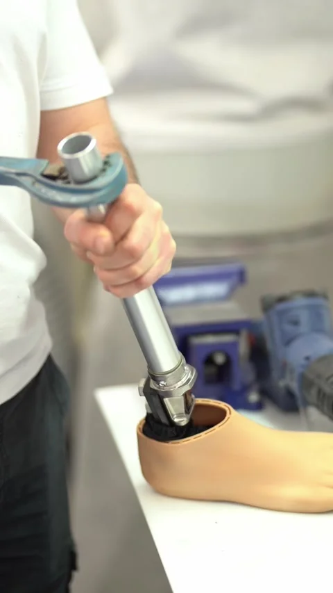 Crop master assembling prosthetic leg at workshop. Vertical video Stock Footage 237608154