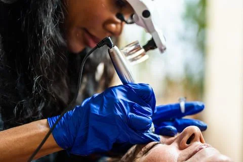 Crop professional microblading master applying tattoo makeup Stock Photos