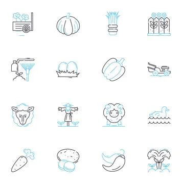 Crop science linear icons set. Agronomy, Genetics, Biotechnology, Irrigation Stock Illustration