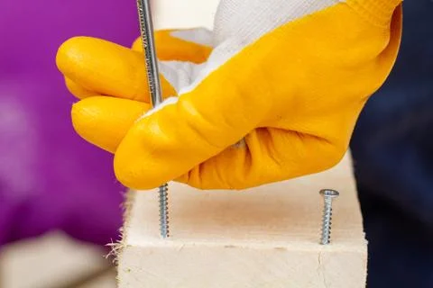 Crop view driving self-tapping screw into chipboard placed on wooden workbenc Stock Photos