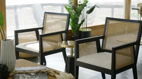 Crop view of lounge zone in modern room with floor-to-ceiling windows. Two Stock Footage 257609727