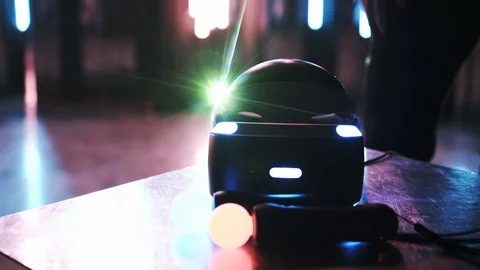 Crop VR headset in dark interior with neon lights Stock Footage 103626381