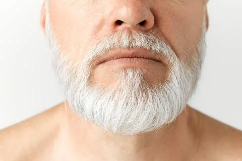 Cropped close-up image of grey-haired man's beard. Taking care after hair and Stock Photos