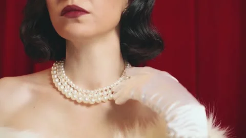 Cropped face red lips make-up glamor queen Retro lady sexy woman fashion model Stock Footage 307209300