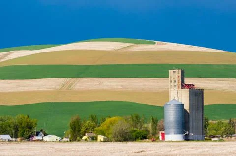 Cropped fields with grain silo Stock Photos