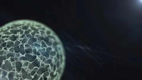 Cropped flying modern virtual network sphere abstract 3D background. Stock Illustration