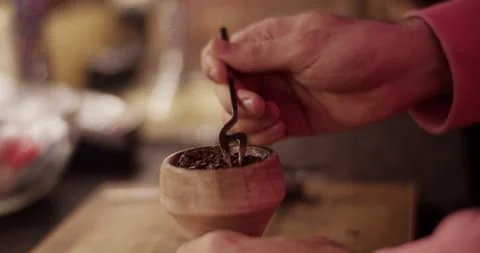 Cropped guy preparing hookah bowl for smoking Stock Footage 229483501