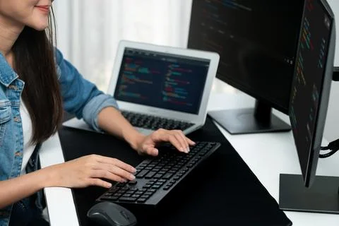 Cropped hands image of IT creating with typing information on pc. Stratagem. 写真素材