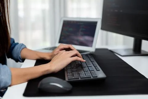 Cropped hands image of IT creating with typing information on pc. Stratagem. 写真素材