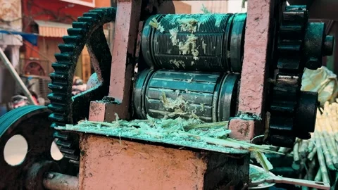 Cropped hands using technic machine for sugarcane processing, juice production w Видео 334540070