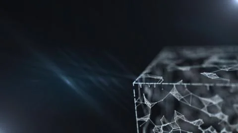 Cropped illuminating blockchain 3d rendering transparent cube with binary data. イラスト素材