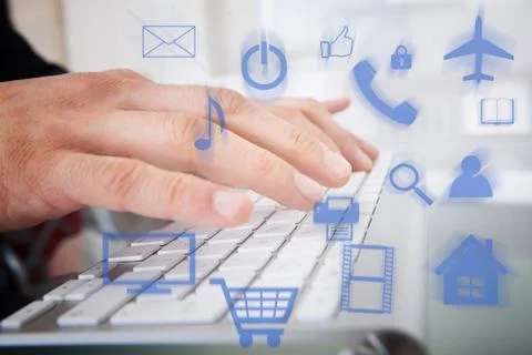 Cropped image of businessman typing on computer keyboard with various vector  Stock Illustration