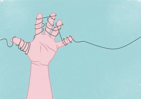 Cropped image of hand wrapped in thread against blue background Illustrazione stock