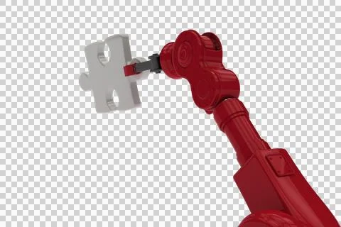 Cropped image of red robotic hand with gray jigsaw piece Stock Photos