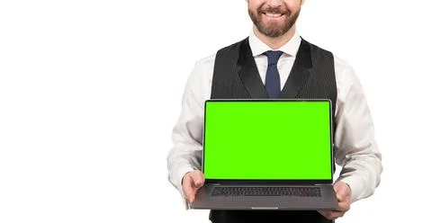 Cropped man presenting of computer with green screen for copy space Foto stock