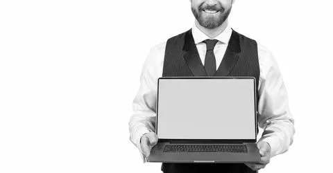 Cropped man presenting of computer with green screen for copy space Foto stock