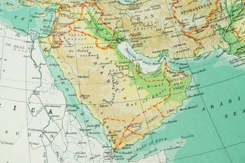 A cropped section of a historical world map showing parts of Africa and Asi.. Stock Photos