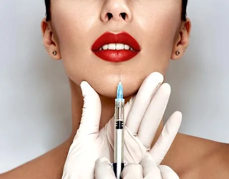 Cropped sensual female lips, procedure lip augmentation Stock Photos