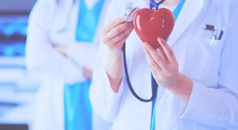 Cropped shoot of two young doctors female with stethoscope holding heart. Stock Photos