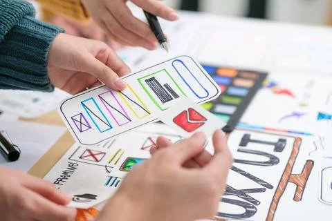 Cropped shot of creative web developers are planning application process de.. Foto stock