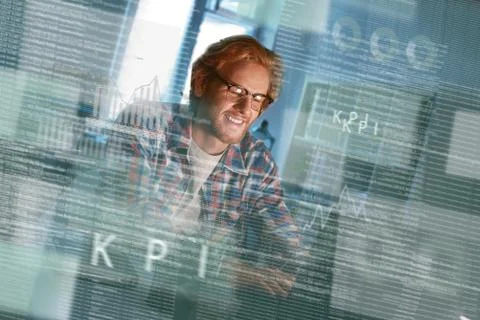 Cropped shot of a happy computer developer writing code in glasses 스톡 사진