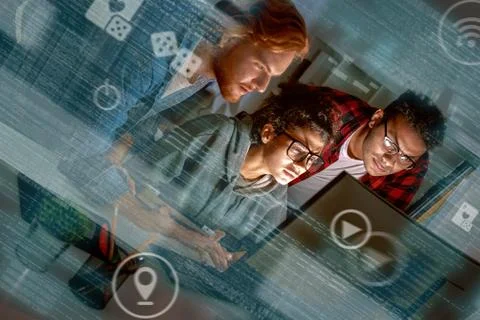Cropped shot of multinational game developers. Team work of new game 库存照片