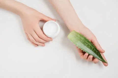 Cropped view of female hands with organic cream and aloe vera leaf Stock Photos